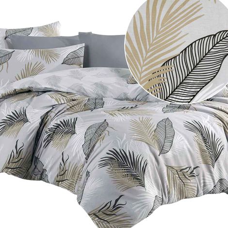 Parure de lit 160x200 cm en coton, produit en Pologne, motif feuilles et plumes, Sonella, beige et marron (1/5)