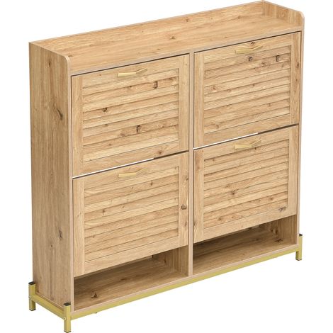Meuble à chaussures moderne en MDF avec portes à lattes en bois, cadre métal, 108,5x24x100 cm, couleur bois (1/5)