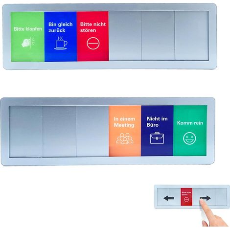 Set of 2 door signs, 6 options, with sliding function, self-adhesive, "Bitte klopfen, Bin gleichzurück, Bitte nichtstoren, in einemMeeting, Nicht im Büro, kommen rein" for offices, (1/5)