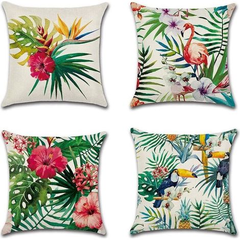 Lot de 4 Housses de coussin en lin, housses carrées décoratives avec motifs de forêt et plantes tropicales, idéales pour canapés, lits, chaises, 45 x 45 cm, Lin, 45 x 45 Centimeters (1/5)