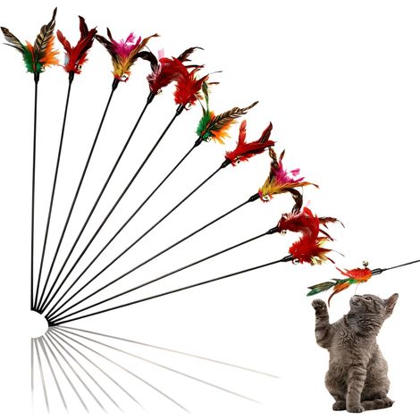 10 Pièce Jouet Chat Interieur Jouets à Plumes Interactifs Chat Coloré Plumes Jeu Bâton Chatons Canne à Pêche Chatons avec Cloche Toys pour le Exercice et le Lien, 40 cm de long, Couleurs Aléatoires (1/5)