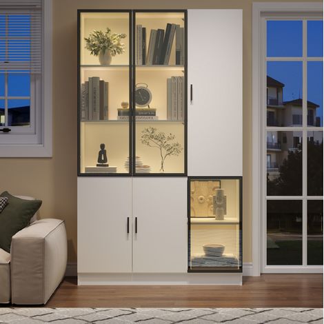 Vitrina de tablero de partículas y vidrio templado 120 x 35 x 200 cm con LED, blanca HAVRYA (1/5)