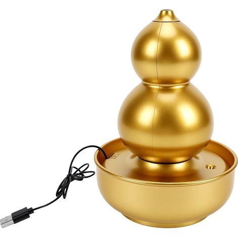 Fontaine d'eau de table en forme de gourde, décoration Feng Shui avec éclairage LED, alimentation USB, dorée, idéale pour la maison ou le bureau. (1/5)