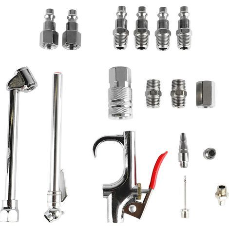 17-teiliges Kompressor-Aufblasset mit Luftpistole, 1/4NPT-Anschluss, Doppelfuß, Reifendruckmesser und Zubehör. (1/5)