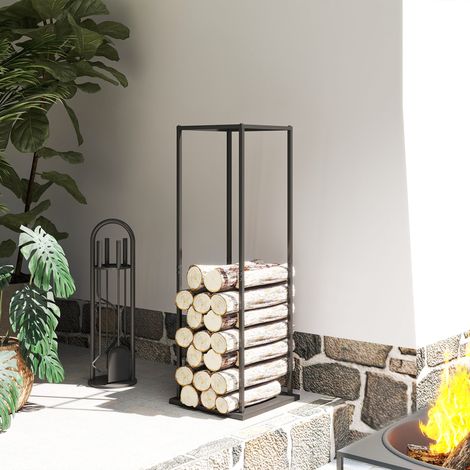 Estante de Leña Metálico de Chimenea Soporte para Leña con Base Elevada Anti-vuelco Carga 100 kg 33x33x110 cm Negro (1/5)