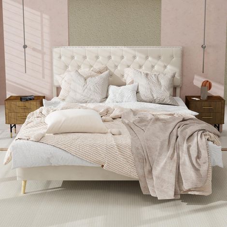 Lit moderne minimaliste et moelleux, tête de lit confortable et douce, 140200CM, beige, meuble de chambre multifonctionnel, cadre de lit bas sans barre de levage, matelas non inclus., garantie 2 ans