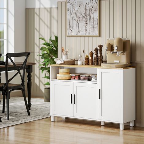 Buffet de salon blanc 110x33x75 cm, 3 portes, niche ouverte et étagères réglables, meuble de rangement