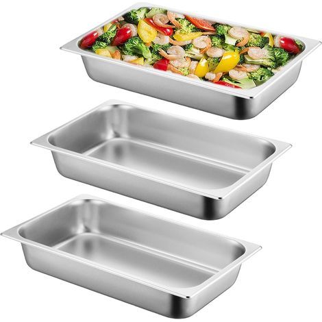 Lot de 3 bols à paner en acier inoxydable GN 1/3 - 32,5 x 17,5 x 6,5 cm - Lot de récipients GN de 2,4 l - Rectangulaire - Idéal pour escalopes, viande, poisson, argent-Chrom (1/5)