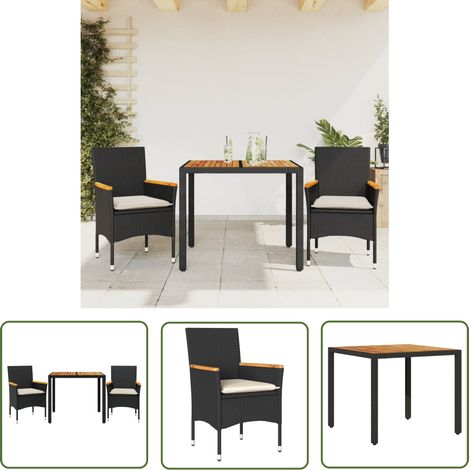 The Living Store Ensemble à manger de jardin et coussins 3 pcs noir rotin acacia - Meubles De Jardin - Salon De Jardin - Set De Jardin - Mobilier Extérieur - Table De Jardin (1/5)