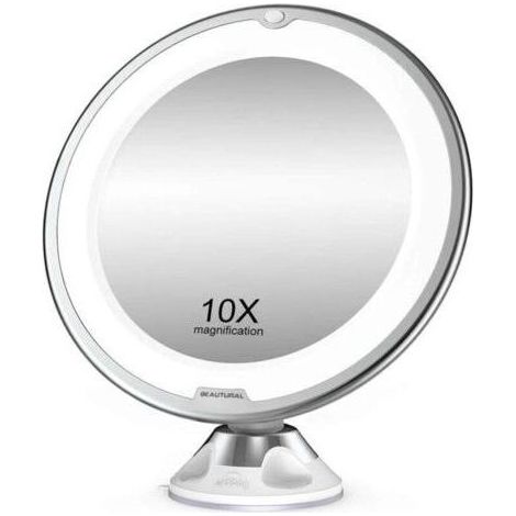 ALLIANDISGrossissant Miroir Maquillage 10x avec Lumières LED 1 Joint à Bille d'attache Ajustable à 360° Miroir Cosmétique Portable, pour Salle de Bain, Voyage (1/4)