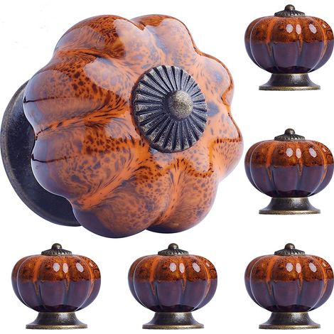 Set mit 6 Schubladengriffen aus glasierter Keramik im Vintage-Stil in Kürbisform für Schränke, Schubladen, Kommoden und Kleiderschränke (orange)