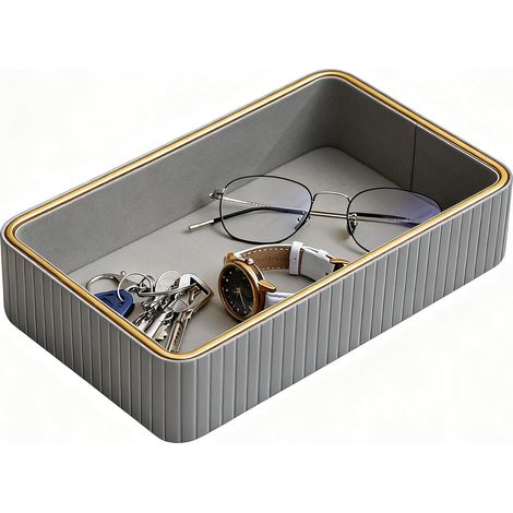 Bandeja decorativa de lujo – Bandeja de tocador en cuero sintético para organizar perfumes, llaves, cartera y otros artículos ideal para mesita de noche, entrada y tocador color gris