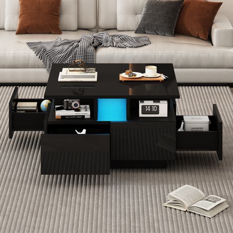 Table basse de salon 70 x 70 x 40 cm, finition laquée brillante, avec éclairage LED intégré, table d'appoint à 4 tiroirs, design géométrique, noire, charge maximale 30 kg (1/5)