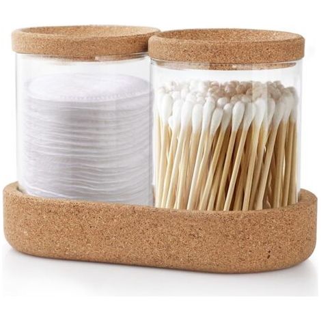 Scatola porta cotton fioc (2 pezzi) con coperchio in sughero, trasparente, ideale per cotton fioc e filo interdentale. (1/5)