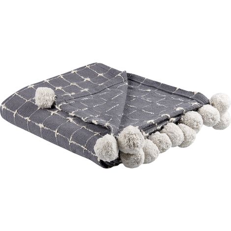 Manta de algodón gris blanco crema 125 x 150 cm pompones cuadros accesorio Yasam