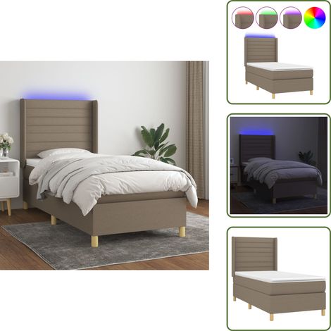 The Living Store Sommier à lattes de lit matelas et LED Taupe 90x200 cm Tissu - Sommier Tapissier - Lit Avec Led - Matelas À Ressorts Ensachés - Têtière Ajustable - Éclairage LED (1/5)