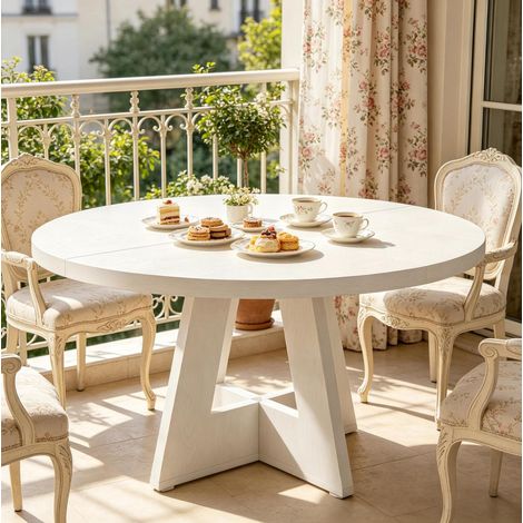 Table à manger ronde en bois d'ingénierie blanc Ø 120 cm, 4 places, style campagne (1/5)
