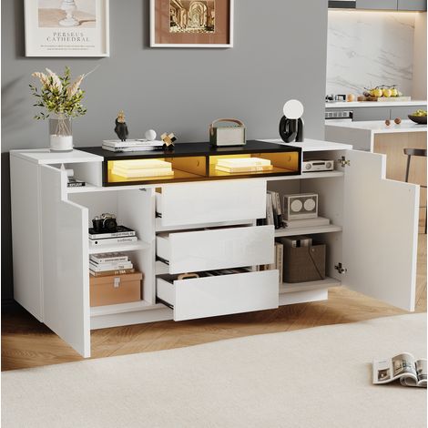 MEUBLIV Buffet 140 x 40 x 68 cm blanc et noir – 3 tiroirs, LED et rangements (1/5)