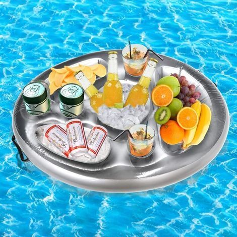 Grand porte-gobelet gonflable 2 en 1 pour boissons et collations, 8 trous, 70 x 50 cm, pour piscine, fêtes, parcs aquatiques, plage et fêtes à thème, couleur grise. (1/4)