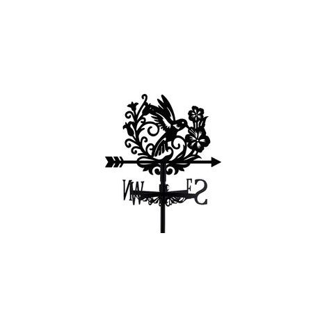 Girouette en forme d'oiseau - Colibri noir - Métal - Avec fleurs - Convient aux toitures végétalisées - Panneau indicateur - Moulin à vent décoratif d'extérieur avec support