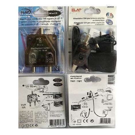 PACK: Amplificateur TV TNT Intérieur 1 ENTREE / 2 Sorties TV À Gain Réglable 15 À 35 DB + alimentation 12V