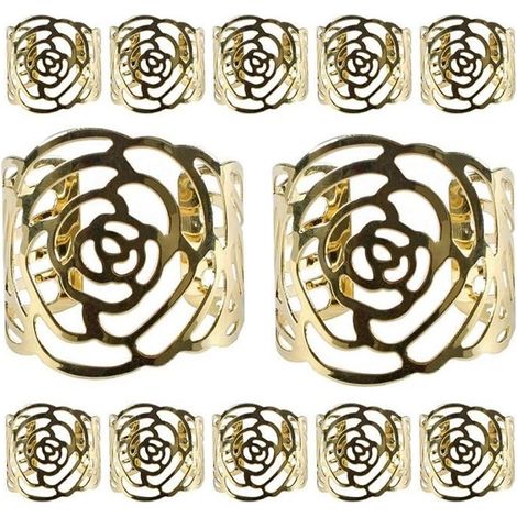 Rond de Serviette - KAKOO - Motif Fleur - Métal Ajouré - Lot de 12 - Couleur Doré (1/4)