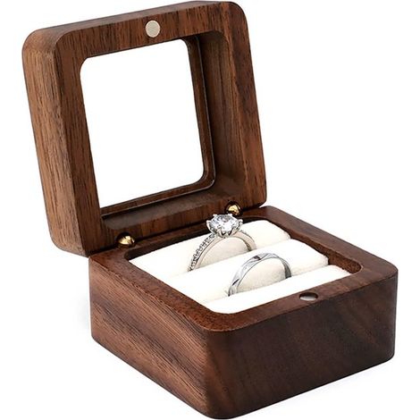 Boîte à alliances en bois de noyer avec fenêtre, écrin à bagues pour mariage, fiançailles et Saint-Valentin, boîte à bijoux, blanc (1/5)