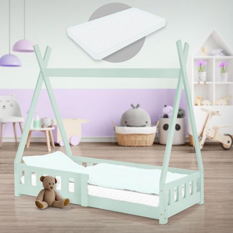 ML-Design Cama Infantil Tipi Verde Menta con Colchón 70x140cm Protección Anticaída y Somier Estructura Listones Madera Maciza de Pino para Niño Forma de Casa con Reja Cama Juvenil Juego Lecho de Suelo (1/5)
