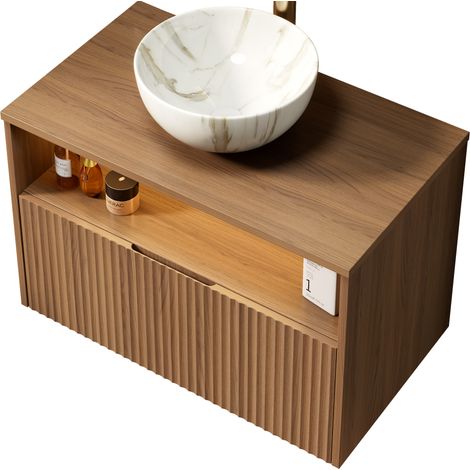 Meuble de salle de bain mural MINA 80 cm, en contreplaqué rayé avec tiroir, sans évacuation ni robinet, couleur veinée de noyer (1/4)