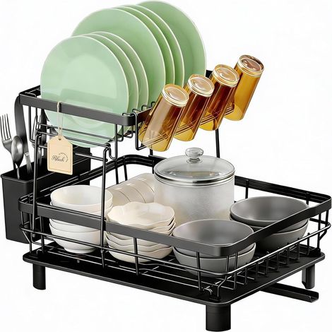 Égouttoir à Vaisselle 2 Niveaux avec Plateau de Drainage, Compact et sans Outil, Support Vaisselle et Tasses pour Petites Cuisines, Noir (1/5)