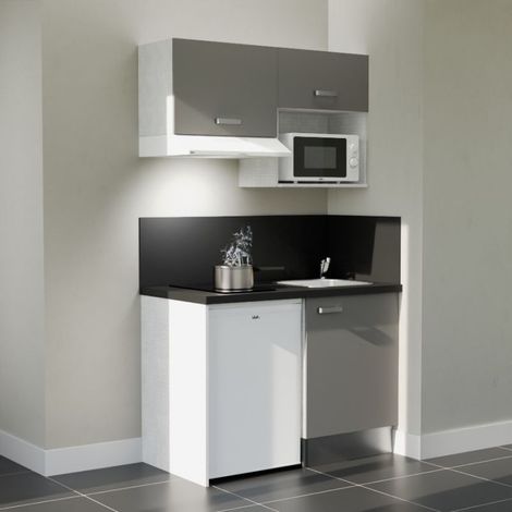 Kitchenette K02L-PT - 120 cm avec plan de travail et évier - emplacements frigo, hotte et micro-ondes - Façade Gris - Plan Noir texturé - Evier Inox - Crédences Oui