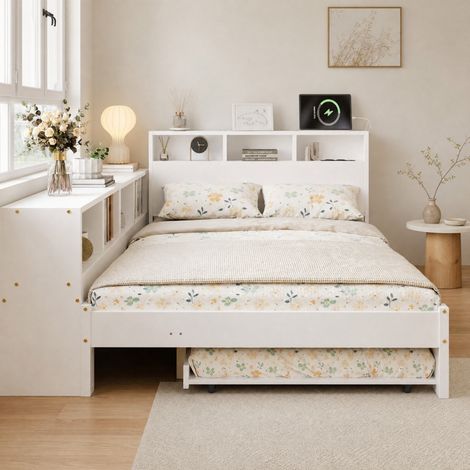 Letto 120x200 cm con letto estraibile 90x190 cm, vano laterale e stazione di ricarica OKMYHOME (1/5)