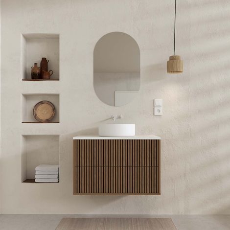 Mueble de Baño 60 - 2 Cajones Roble y Negro - Lavabo Ø36 - Espejo Oval (1/5)