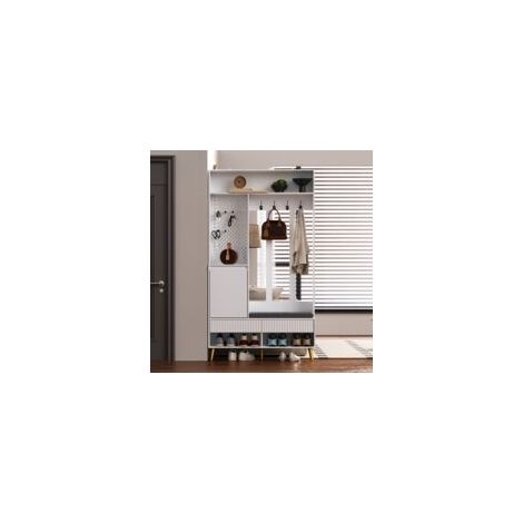 Ensemble armoire, armoire murale, ensemble armoire d'entrée avec banc à chaussures, ensemble armoire avec 4 patères, deux tiroirs et 1 porte, blanc, 100 L x 35 l x 180 H cm (1/5)