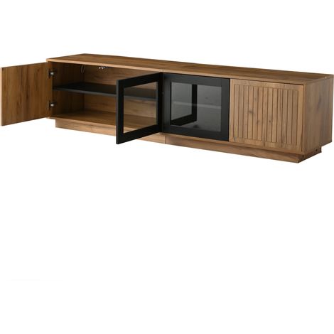 Mobile TV 180 cm in truciolato nero e legno naturale con ante in vetro e LED (1/5)