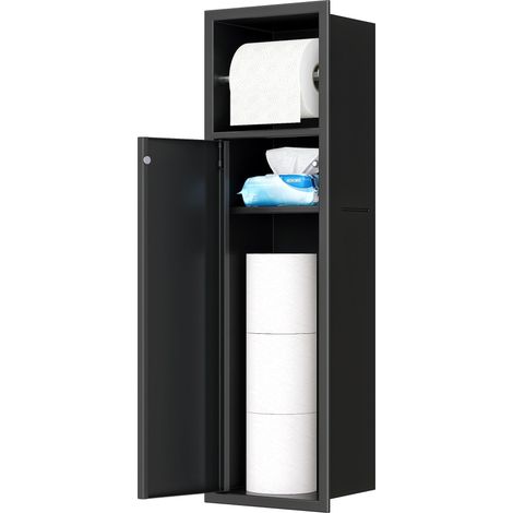 Module d'armoire encastré pour brosse WC en acier inoxydable avec porte-papier toilette et étagère - Noir - 63 x 15 x 15 cm (1/5)
