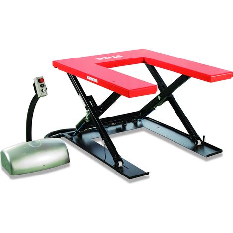 STIER Scheren-Hubtisch elektrisch mit U-Profil, 1000kg Tragkraft, Plattform mit Pulverbeschichtung: 1450x1140mm, Hubtisch Rot mit externem Bedienteil, stabile Stahlkonstruktion