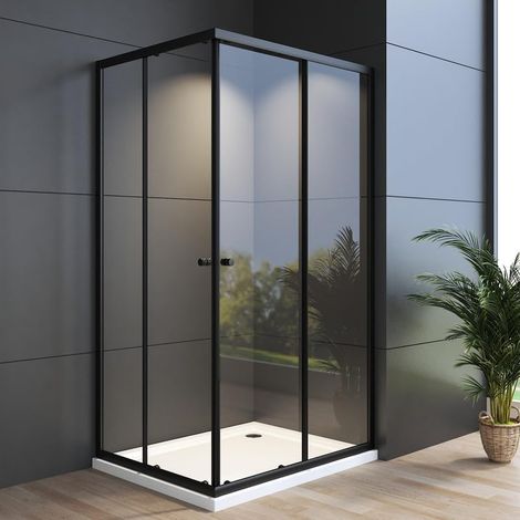 Schwarzer Duschkabine Eckeinstieg 90x80 cm Schiebetür Duschabtrennung Eckeinstieg mit Doppel Schiebetüren, 6mm ESG Sicherheitsglas, Duschwand Höhe 185cm, LINKS & RECHTS MONTIERBAR