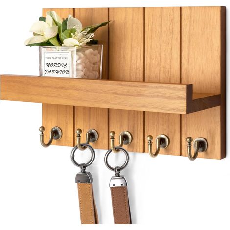 Schlüsselhalter zur Wandmontage im Landhausstil – Dekoratives Wandregal mit Schlüsselhaken und Briefablage, ideal für eine Wohnung – Rustikale Dekoration für das Wohnzimmer (Hellbraun, 9 cm T x 25,5 c (1/5)