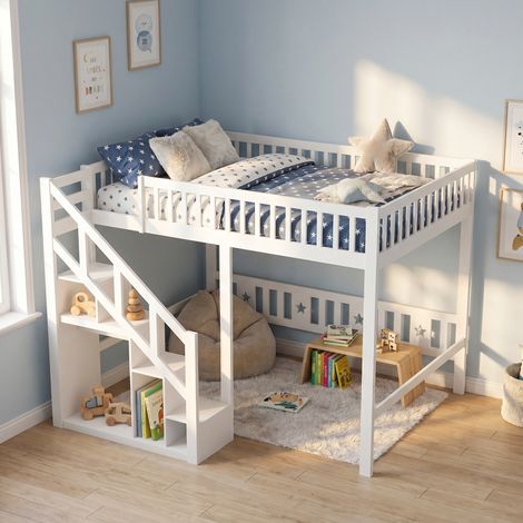 Kinder Hochbett 140x200 cm mit Stauraumtreppe und Spielbereich, Halbhochbett aus Holz, Weiß