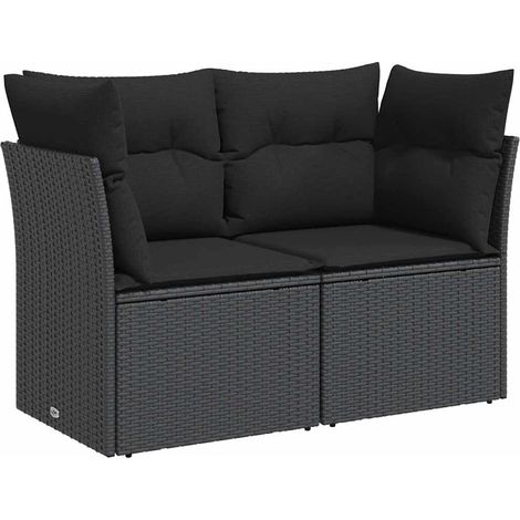 vidaXL Gartenbank mit Kissen 2-Sitzer Schwarz Geflochtene Rattan