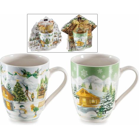 Tazze di Natale in porcellana con decoro villaggio innevato, in confezione regalo sagomata e fiocchetto, set da 4 pezzi, Tazza: Ø 8 cm x 10,5 H