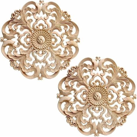 Moulure Decorative Bois 2 Pièces Applique en Bois Sculpté 15cm Rond Sculpté Bois Naturel Sculpté Meuble Applique Incrustation Artisanat Forme Fleur pour Décoration de Meubles de Maison (1/4)