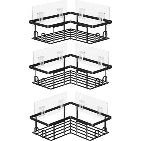 Étagère de Douche sans Percage, Étagère Salle Angle de Bain, Rangement Douche pour Nettoyant pour Corps de Shampoing, Corner Shower Caddy (3 Pièces Etagère Salle Angle- Noir) (1/5)