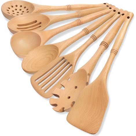 Ustensiles de Cuisine Bois, Set de 7 Cuillère en Bois pour la Cuisson avec Spatula et Ladle, Résistance à la chaleur Convient pour Poêles Antiadhésives-Hêtre (1/5)