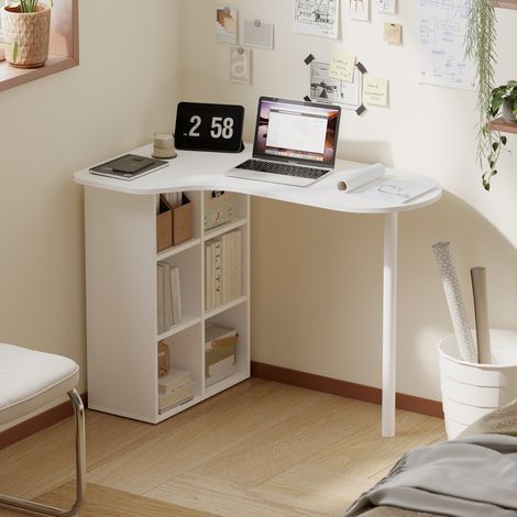 Bureau d'angle incurvé avec 6 étagères et 4 tablettes réglables, en acier et bois, 100x59x75.5 cm, blanc
