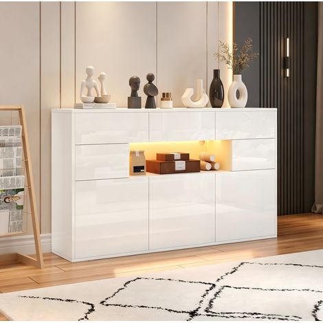 Aparador bajo 140 x 30 x 94 cm — mueble de salón con 3 cajones, 5 puertas, iluminación LED controlada por app, MDF lacado en blanco, 5 patas de metal (1/5)