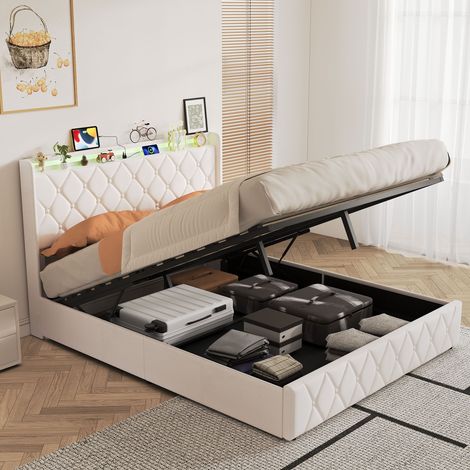 Lit double coffre 140x200 avec rangement hydraulique, Tête de lit rembourrée avec étagère et éclairage LED USB, sommier à lattes pour adulte ado, Velours, Beige (1/5)