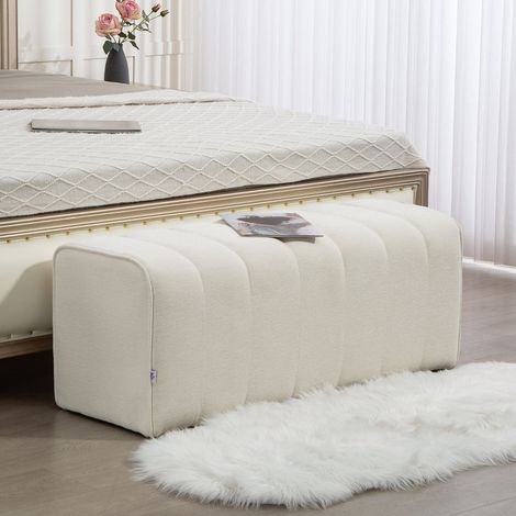 Banc de lit moderne 110 x 40 x 44 cm, tissu effet lin, mousse haute densité, crème blanc HAVRYA (1/5)
