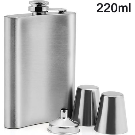 Ensemble bouteille plate en acier inoxydable 1 pièce 227 ml (8 oz) avec 2 verres, bouchon à vis, argent et noir (1/5)